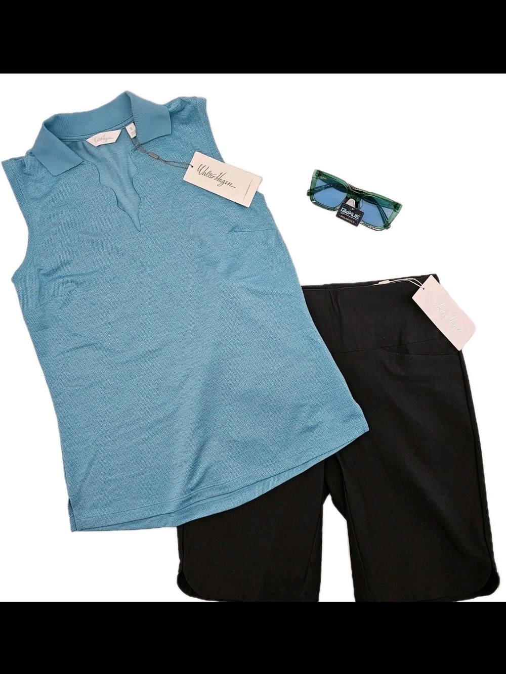 Walter Hagen Sleeveless Polo Gulf Club Top Aqua Blue Black Burmuda Long Shorts